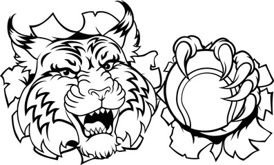 A wildcat or bobcat with a tennis ball sports team animal cartoon mascot