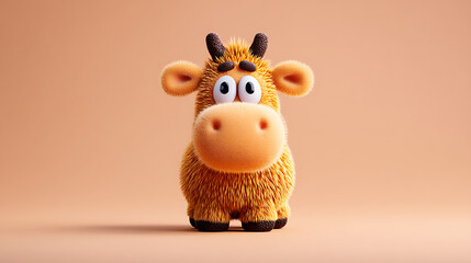 Cute fluffy orange bull toy, a charming 3D cartoon animal character