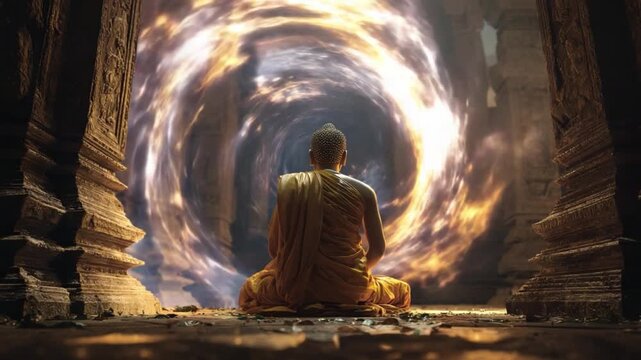 Journey Through the Spiritual Realm: A serene figure, clad in flowing robes, meditates, contemplating a swirling portal of light and energy within a stone temple.
