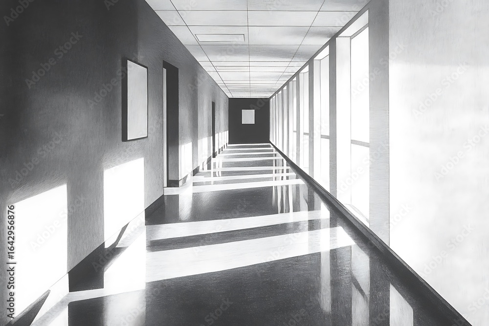 Poster frozen-toned modernist corridor with angular shadows and reflective surfaces