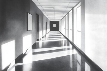 Obraz premium Frozen-toned modernist corridor with angular shadows and reflective surfaces 