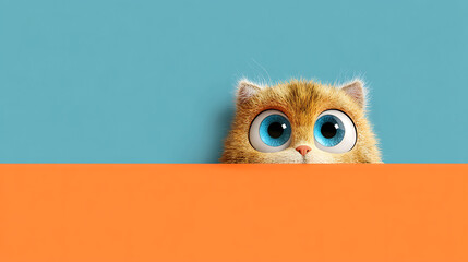 Adorable ginger cat with big blue eyes peeking over a colorful surface