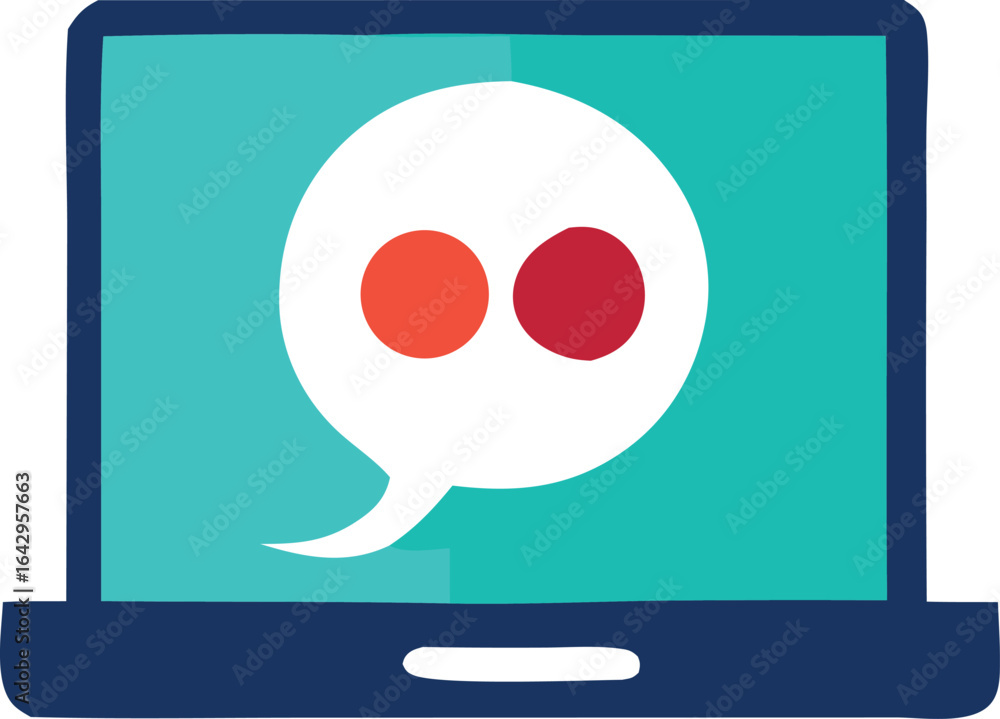 Poster modern laptop displaying a white speech bubble with two red dots representing communication and dial