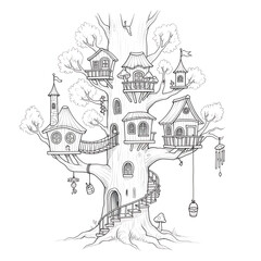 Obraz premium Ai generated image of whimsical treehouse with multiple houses on branches isolated on white background