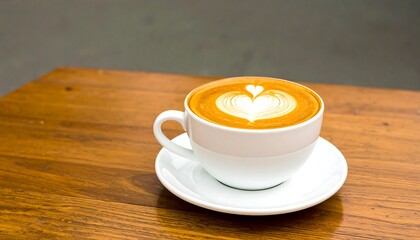 Latte art in white cup on wooden table