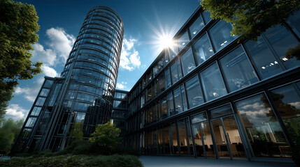 Modern Corporate Buildings with a Cylindrical Skyscraper and Sun Flare