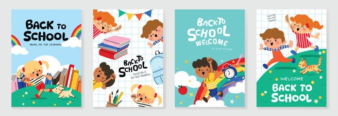 Back to school vector poster. Study Background design with children, lawn and education school supplies element. Kids hand drawn flat design for poster, wallpaper, website and cover template.