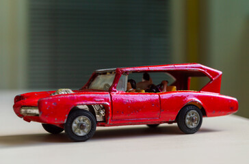Close-up of a vintage Corgi toys 277 - Monkeemobile. Nostalgic diecast collectible miniature...