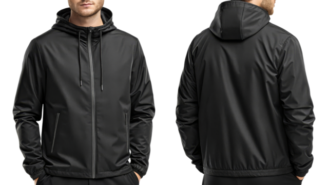 Men's Black Raincoat, Hooded Zip-Up Jacket Front and Back View transparent Background
