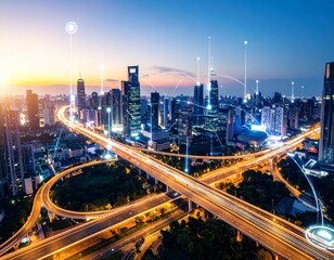 Futuristic Smart City Skyline at Sunset