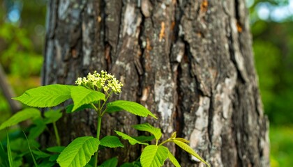 Obraz premium Close-up of a flowering plant against a textured tree trunk in a natural setting