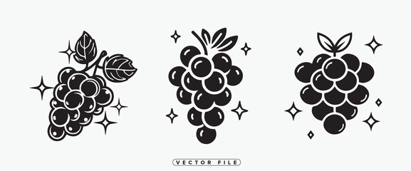 Black and white vector illustration of three bunches of grapes with sparkles