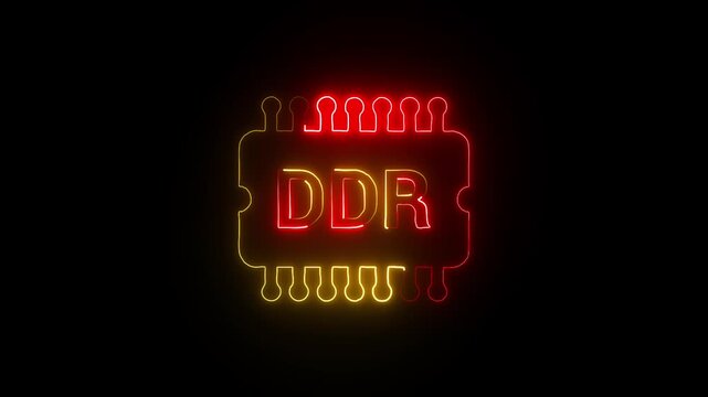 Glowing Neon DDR Chip Icon Representing Dynamic RAM Technology with Futuristic Circuit Design on a Dark Background.