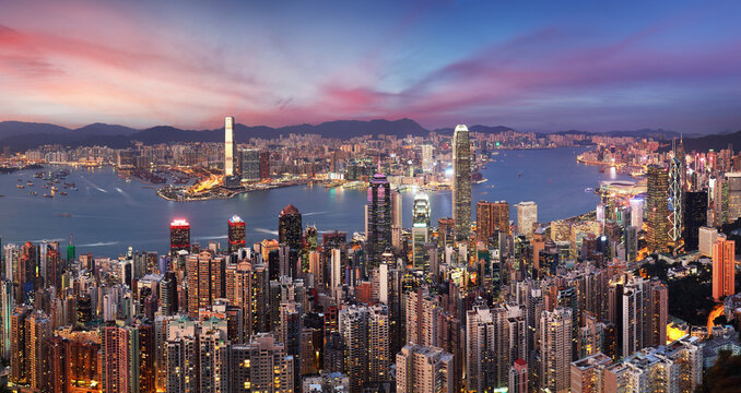 Hong Kogn downtown and building at night, China - Powered by Adobe