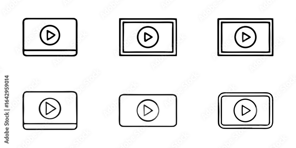 Poster set of outline video play button icons in various styles