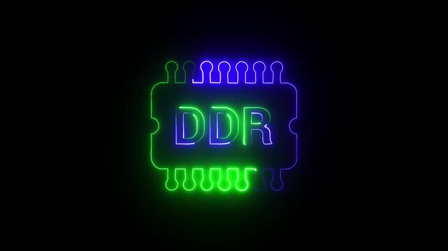 Glowing Neon DDR Chip Icon Representing Dynamic RAM Technology with Futuristic Circuit Design on a Dark Background.