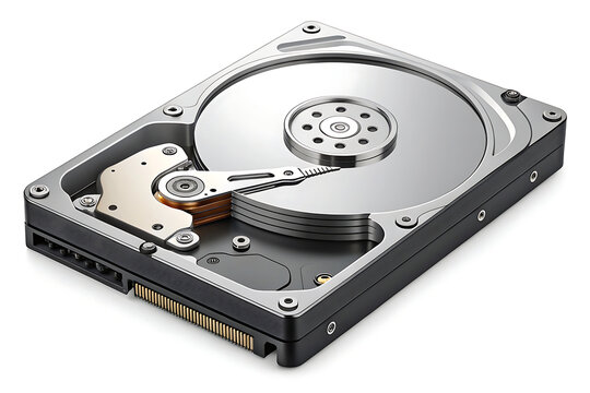 Internal View of a Hard Disk Drive Showing Platter, Read Write Head, and Actuator Arm for Data Storage - Powered by Adobe