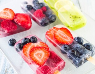Colorful Fruit Popsicles with Strawberries Blueberries and Kiwi on Tray Refreshing Treat
