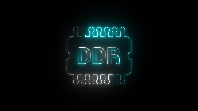 Glowing Neon DDR Chip Icon Representing Dynamic RAM Technology with Futuristic Circuit Design on a Dark Background.