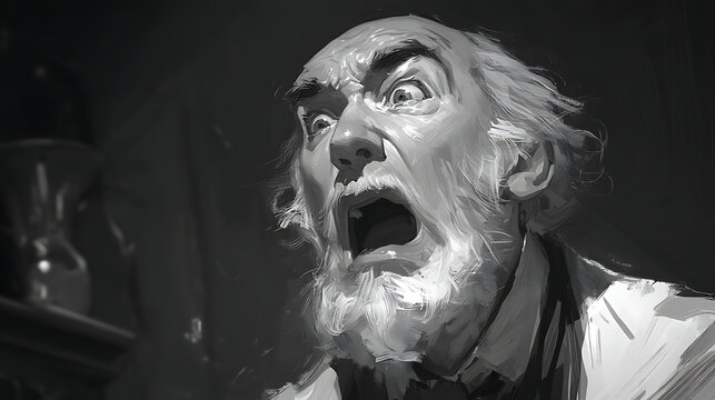 A terrified elderly man with a white beard screams in absolute horror.