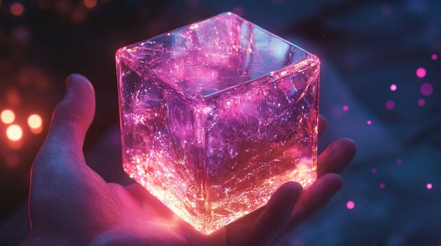 Hand holding glowing cube with pink and orange light, futuristic technology