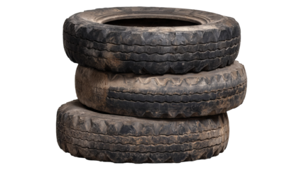 Vertical stack of three old worn-out tires, high-resolution realistic PNG cutout on transparent background — isolated automotive scrap with grunge texture for recycling themes, mechanic garage visuals