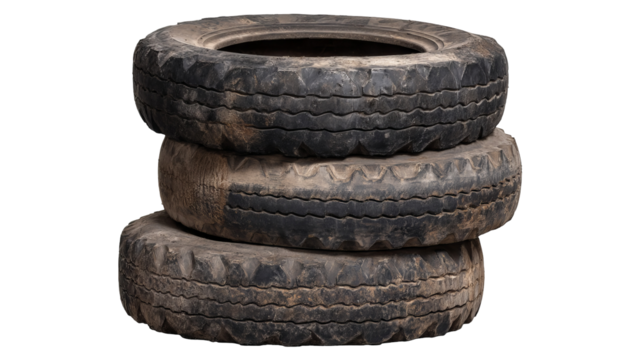 Vertical stack of three old worn-out tires, high-resolution realistic PNG cutout on transparent background — isolated automotive scrap with grunge texture for recycling themes, mechanic garage visuals