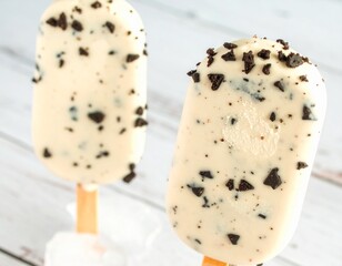 Two Creamy White Popsicles with Cookie Crumbs on Light Wood Background