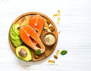 Healthy food arrangement featuring salmon, avocado, nuts, and omega-3 supplements on a wooden board