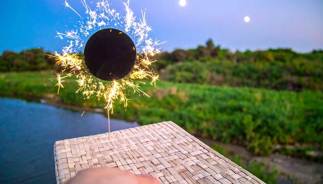 Sparkler burst over water at dusk