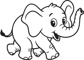 Fototapeta premium Cute Baby Elephant Cartoon Outline Illustration Happy Smiling Animal with Trunk Up and Playful Attitude Perfect for Childrens Books and Coloring Pages