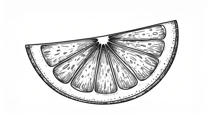 Artistic lemon or orange wedge sketch isolated on white background. Sweet fruit. Tasty citrus.