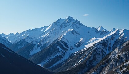 Majestic snow-capped mountain range bathed in clear blue sky, showcasing rugged peaks and deep valleys under bright sunlight