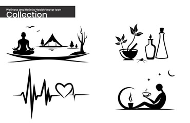 Wellness and Holistic Health Vector Icon Collection – Meditation, Natural Remedies, and Relaxation Symbols

