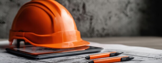 The orange hard hat resting on blueprints with writing tools and tablet.