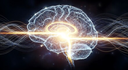 An artistic long exposure shot of light trails forming the shape of a brain on a dark background.