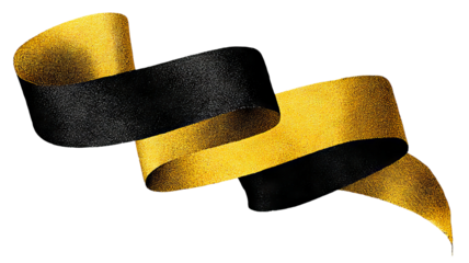 Black and yellow ribbon banner – high-resolution PNG cutout with transparent background, realistic satin folds and soft shadow, isolated label for badges, sale tags, gift wrap, web design and product