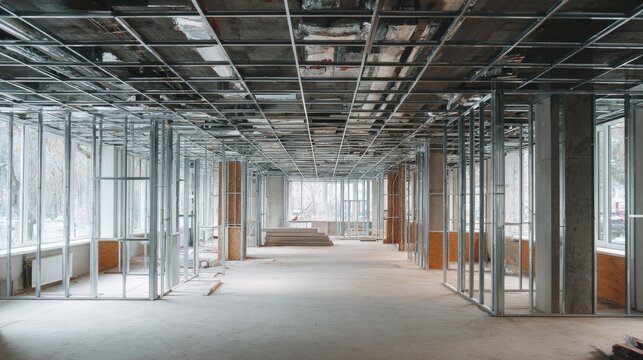 Contemporary office under construction, suspended ceiling grid visible, drywall partition walls, neat and organized site, modern design focus