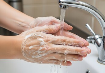Fototapeta premium Close-up of a person's hands being thoroughly washed with soap and water under a running faucet in a sink, creating a rich lather to ensure cleanliness and hygiene.