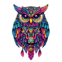 Vibrant Bohemian Owl Artwork with Intricate Feather Designs.