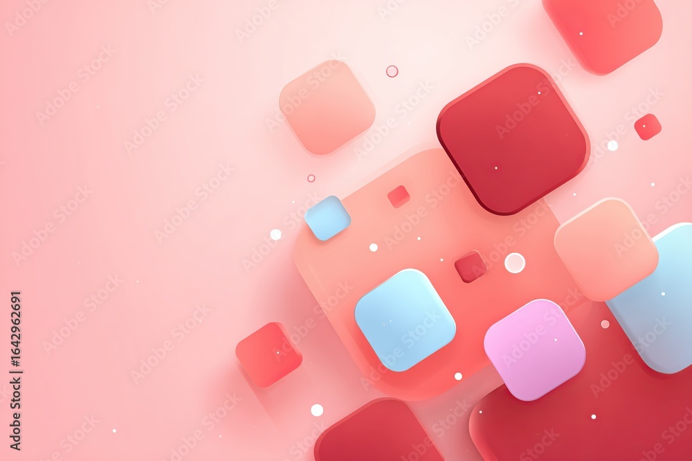 Poster colorful geometric shapes floating on a pink background create a vibrant abstract composition