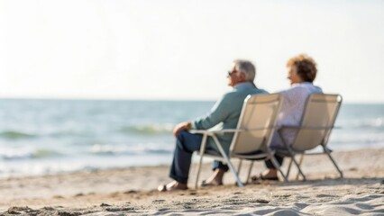 Mature couple enjoying calm beach day — seated comfortably on chairs with sandy shore backdrop
