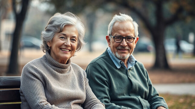 Senior Couple Sitting on a Bench Smiling in the Park for Retirement Blogs, Elderly Care Websites, Family Cards, Senior Education, Aging Awareness - Powered by Adobe