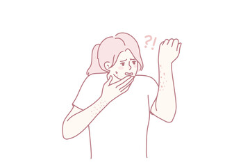 Confused young woman frustrated with red spots or marks on body. Shocked girl having rash or dermatitis on hands and face. Healthcare and allergy problem concept. Vector illustration.