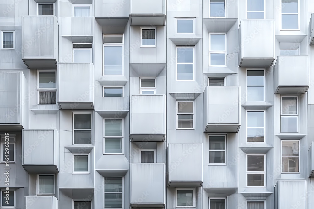 Poster silvery cube buildings in a grid-like composition on light grey background