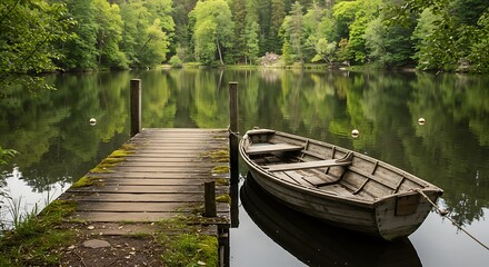 Wooden Rowboat Tied to Dock on Calm Forest Lake During Daylight