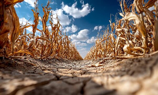 Dried corn stalks in a cracked, parched field under a partly cloudy sky