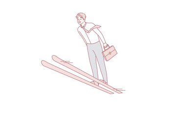 Businessman on ski jump high achieve work success or goals. Smiling man employee or worker strive for career promotion of job progress. Achievement concept. Vector illustration.