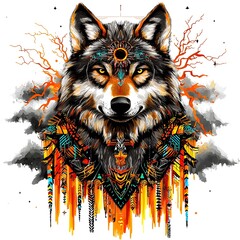 Powerful Spirit Wolf with Tribal Decorations and Fiery Accents.