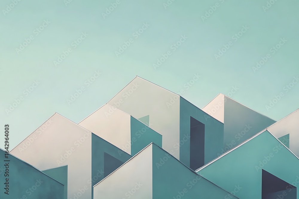 Poster stack of angular house blocks in minimalist arrangement, cool palette